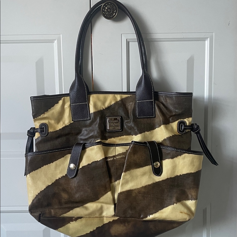 Dooney & Bourke Brown and Cream Color Diagonal Stripe Tote